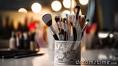 Brushes for makeup on the table. Generative AI Stock Photo