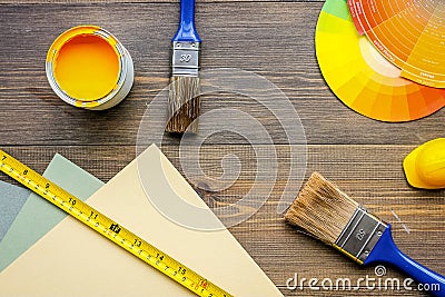 Brushes, paunts and palette on wooden table background top view Stock Photo