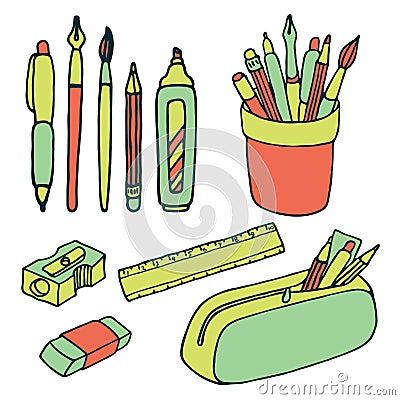 Brushes, pencils, pens, ruler, sharpener and eraser icons. Vector Illustration