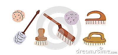 Brushes, sponges, housekeeping stuff, accessories for cleaning. Housework tools with bristle. Household supplies, items Vector Illustration