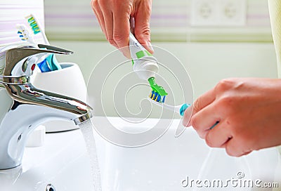 Brushing Teeth. Bathroom Stock Photo