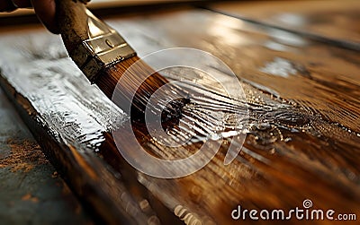 Brushing toning lacquer onto wood. Close-up. Stock Photo