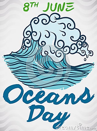 Brushstrokes Design with Wave and Greeting Text for Oceans Day, Vector Illustration Vector Illustration