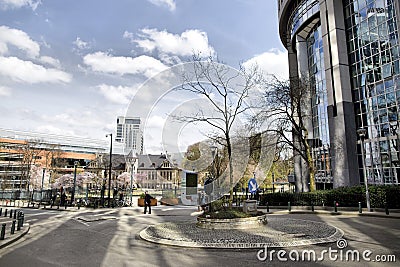 Brussels, Belgium - April 10, 2018: CityTree pollution removal living wall moss filter device installed at the European Parliament Editorial Stock Photo