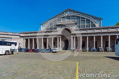 BRUSSELS, BELGIUM - APRIL 5, 2008: Tourists walk in front of Entrance to the Palais Mondial (South Hall) Editorial Stock Photo