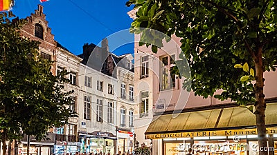 Night urban scene, street with pubs and shops in Brussels, Belgium Editorial Stock Photo