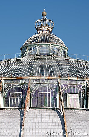 Brussels Belgium: Close up of the dome of The Winter Garden, part of the complex of interconnected greenhouses at Laeken Castle. Stock Photo