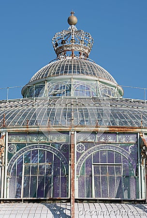 Brussels Belgium: Close up of the dome of The Winter Garden, part of the complex of interconnected greenhouses at Laeken Castle. Stock Photo