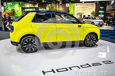 Electric Honda e production car at Brussels Motor Show, Electric range 220 km 137 mi 5-door model ev car manufactured by Honda Editorial Stock Photo