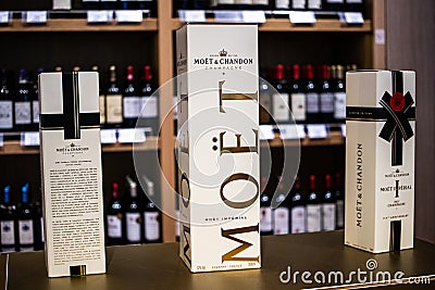 Bottles of Moet Chandon Brand french champagne on display for sale Editorial Stock Photo
