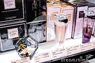 Lancome perfume, fragrance on the shop display for sale, Lancome is a French luxury perfumes and cosmetics house Editorial Stock Photo