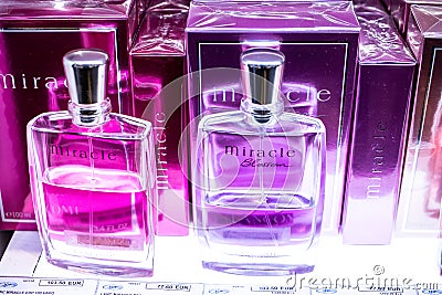 Lancome perfume, fragrance on the shop display for sale, Lancome is a French luxury perfumes and cosmetics house Editorial Stock Photo