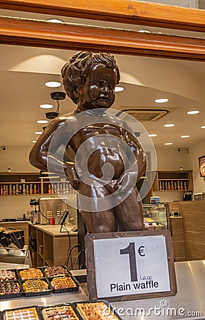 Giant chocolate Manneken Pis statue, Brussels, Belgium Editorial Stock Photo