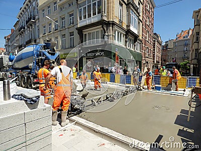 Brussels, Belgium - July 10th 2018: Road rehabilitation works on Chausse d`Ixelles in Ixelles, Brussels. Editorial Stock Photo