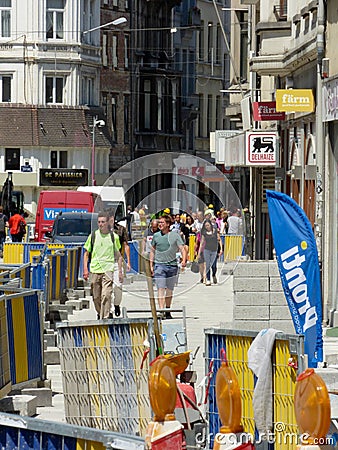 Brussels, Belgium - July 10th 2018: Road rehabilitation works on Chausse d`Ixelles in Ixelles, Brussels. Editorial Stock Photo