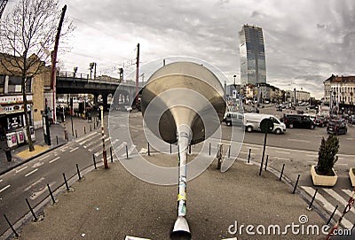 BRUSSELS, BELGIUM - MARCH 30, 2018: Giant megaphone `Pasionaria` created by Emilio Lopez-Menchero and dedicated to all migrants. I Editorial Stock Photo