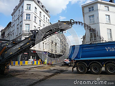 Brussels, Belgium - May 3rd 2018: Road rehabilitation works on Chausse d`Ixelles in Ixelles, Brussels. Editorial Stock Photo