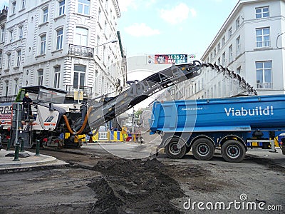 Brussels, Belgium - May 3rd 2018: Road rehabilitation works on Chausse d`Ixelles in Ixelles, Brussels. Editorial Stock Photo