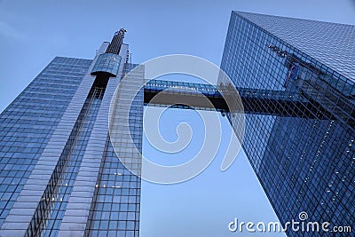 Brussels , Brabant, Belgium 11 06 2023 Vertical closeup on the Belgacom, Proximus Twin towers skyscraper Editorial Stock Photo