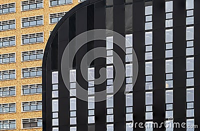 Brussels Capital Region, Belgium - Abstract lines and windows of the black Brussels environment building Editorial Stock Photo
