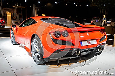 BRUSSELS - JAN 9, 2020: Ferrari F8 Tributo sports car showcased at the Brussels Autosalon 2020 Motor Show Editorial Stock Photo