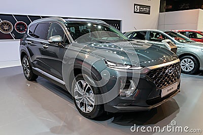 BRUSSELS - JAN 9, 2020: New Hyundai Santa Fe car model showcased at the Brussels Autosalon 2020 Motor Show Editorial Stock Photo