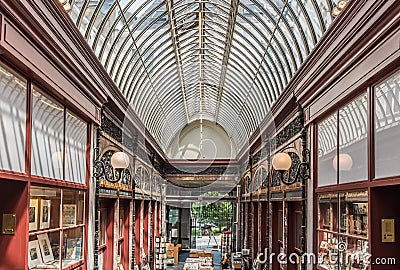 Brussels Old Town - Belgium - Decorated arcades and hall of the Genicot Library in the Bortier Gallery in Art Nouveau and neo Editorial Stock Photo
