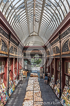 Brussels Old Town - Belgium - Decorated arcades and hall of the Genicot Library in the Bortier Gallery in Art Nouveau and neo Editorial Stock Photo