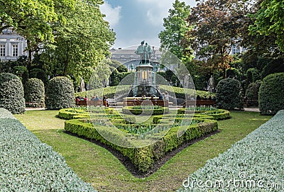 Brussels Old Town, Brussels Capital Region - Belgium - The Egmont and Hoorn statue and fountain in the Square du Petit Sablon Editorial Stock Photo
