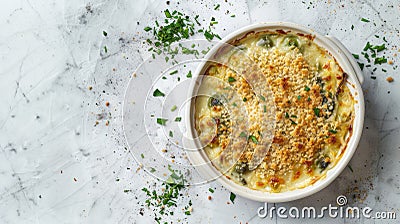 Brussels sprout gratin, showcasing the creamy sauce infused with garlic, topped with a crispy breadcrumb and cheese Stock Photo