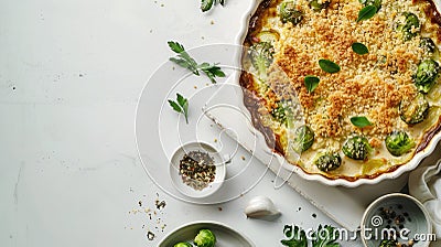 Brussels sprout gratin, showcasing the creamy sauce infused with garlic, topped with a crispy breadcrumb and cheese Stock Photo