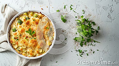 Brussels sprout gratin, showcasing the creamy sauce infused with garlic, topped with a crispy breadcrumb and cheese Stock Photo