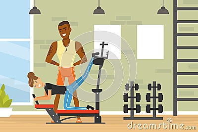 Brutal African American Man Sports Coach Giving Instruction and Training Woman in Gym Vector Illustration Vector Illustration
