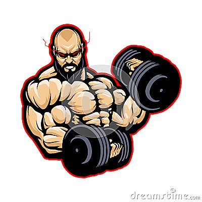 brutal bearded bodybuilder torso with heavy dumbbells Vector Illustration