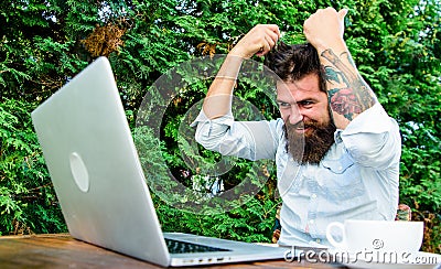 Brutal bearded hipster need coffee break. agile business. solve problem. deadline. a lot of work. Frustrated office Stock Photo