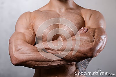 Brutal caucasian handsome fitness men on diet training chest pumping Stock Photo
