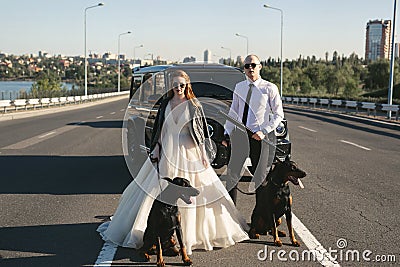 Bride and groom, in black glasses and leather jackets with Dobermans near the car on the road Stock Photo