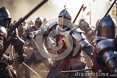 Brutal historical battle in courtyard of medieval castle. Generative AI Stock Photo