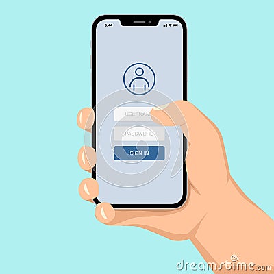 Brutal human hand holding smartphone with sign in application ui flat style illustration Vector Illustration