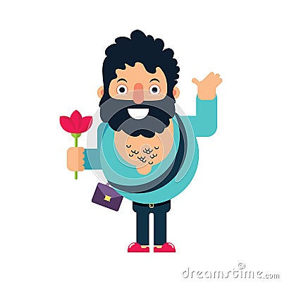 Brutal man in love gives a red flower. Vector illustration in flat style. Character design Cartoon Illustration