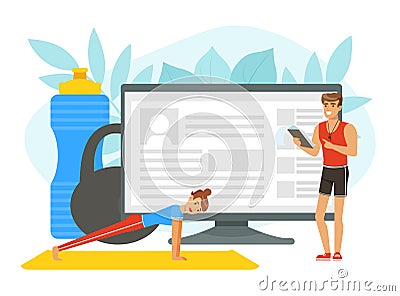 Brutal Man Sports Coach with Whistle Giving Instruction and Training Woman with Computer Vector Illustration Vector Illustration