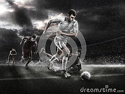 Brutal Soccer action on rainy 3d sport arena. mature player with ball Stock Photo