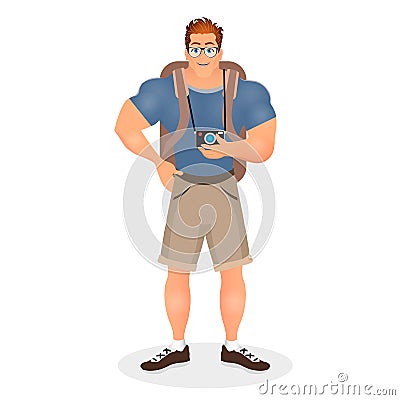 Brutal Young Bearded Hipster male in eyeglasses with a packsack travel and camera. Travelling with the knapsack. Vector Vector Illustration