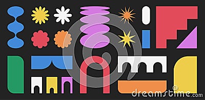 Brutalism shapes and geometric figures, retro abstract design elements, colorful and simple flat stickers and emblems Vector Illustration