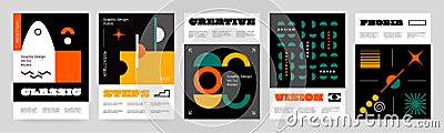 Brutalism shapes posters. Abstract contemporary minimalistic brochures with retro fonts and Swiss figures. Geometric Vector Illustration