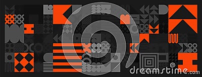 Brutalist geometric shapes, gray and orange symbols. Simple primitive elements and forms. Retro design, trendy Vector Illustration