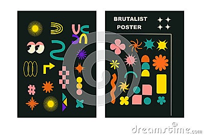 Brutalist posters set with naive playfull shapes and smile stickers Vector Illustration