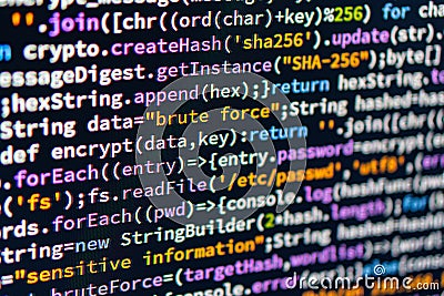 Brute force. Close-up of coded screen shallow depth of field, focusing on C code, array manipulation, loop, and console Stock Photo