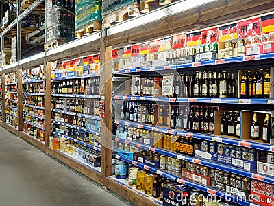 Bryansk, Russia - December 15, 2019: Showcase with beer in the Metro store Editorial Stock Photo