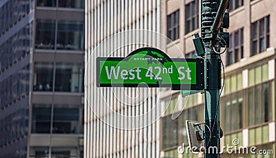 Bryant park, West 42nd street sign. New York, Manhattan downtown Editorial Stock Photo